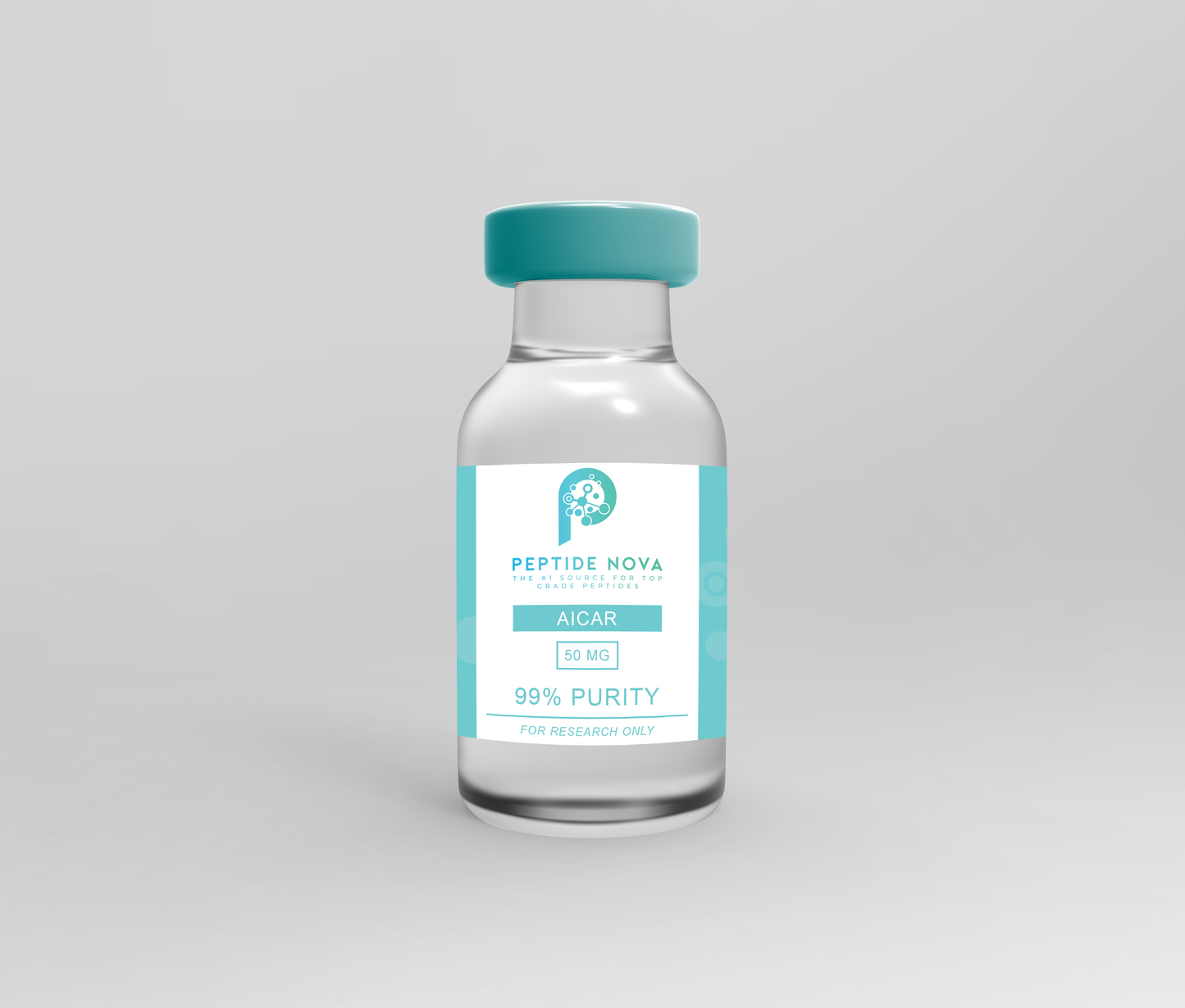A vial labeled AICAR 50MG with a teal cap and a white and blue label indicating 99% purity.