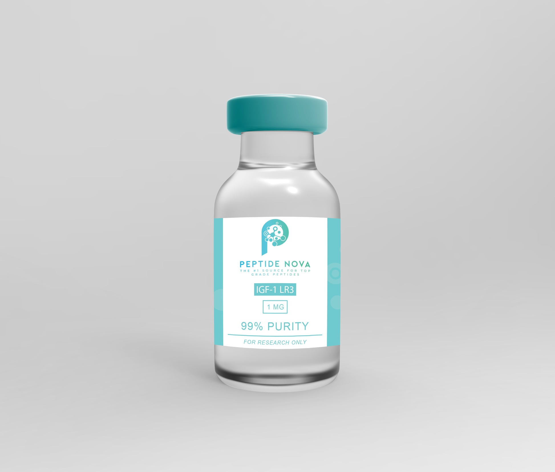 A vial labeled 'IGF-1 LR3' with a purity indication of '99% Purity' on a white background, typically representing a research chemical product from PeptideNova.com .